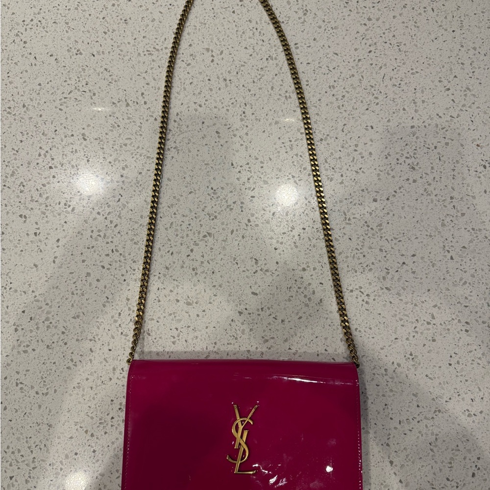Yves Saint Laurent Pink Patent Leather Clutch with Logo